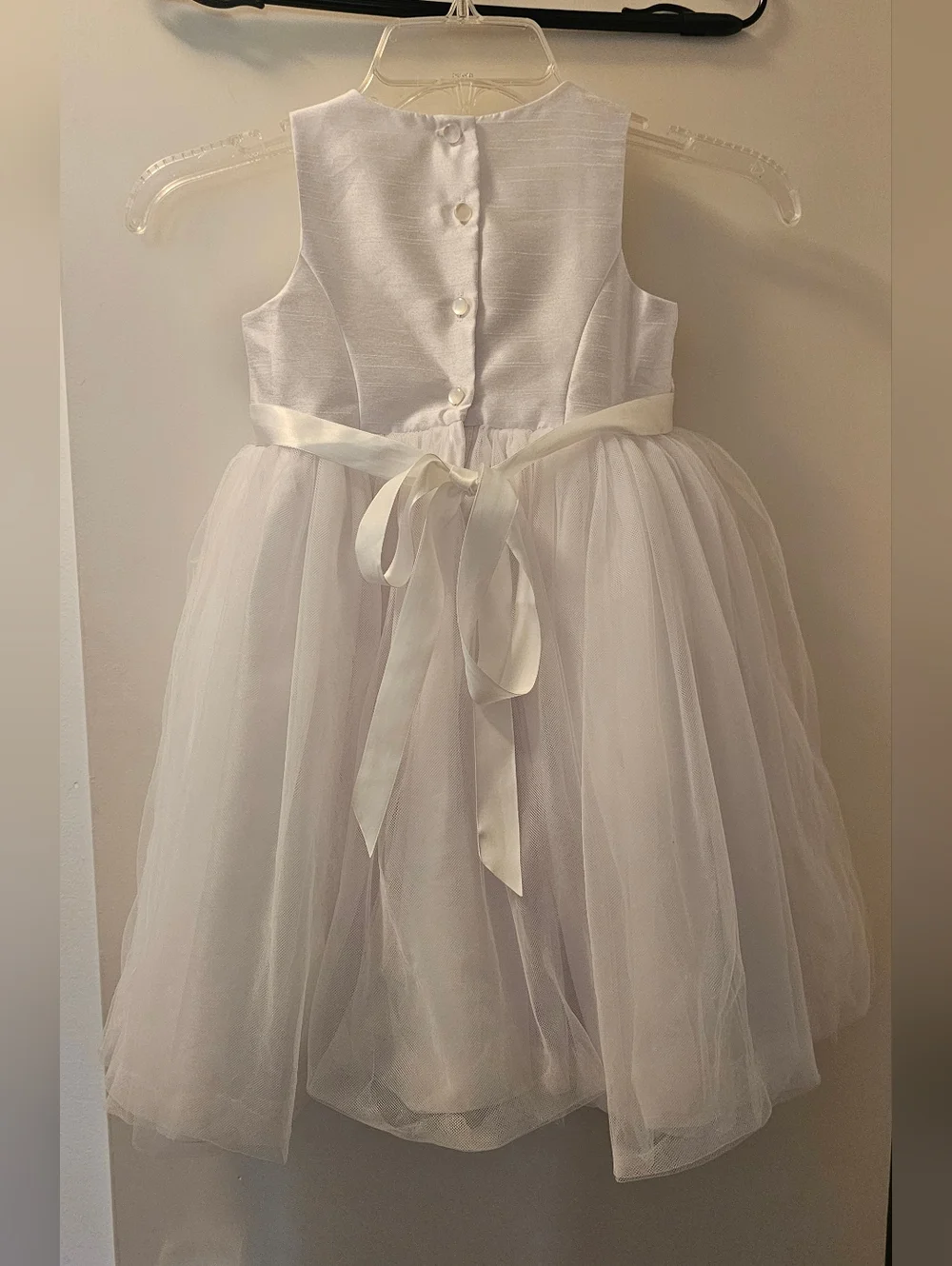 White Tulle Flower Girl Dress by David's Bridal featuring tulle skirt & ribbon - Picture 2 of 8